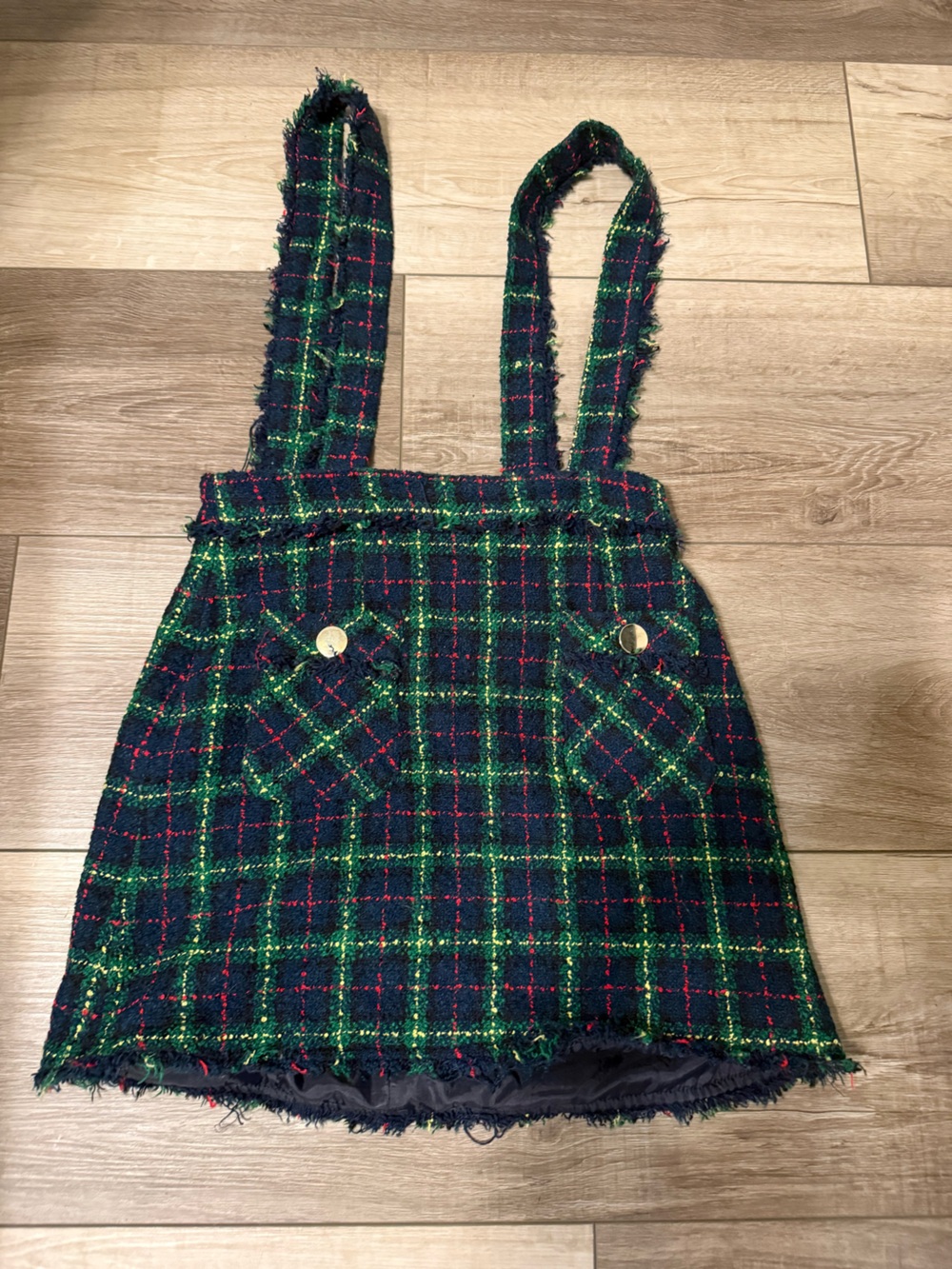 Zara Green Navy Plaid Tweed Overall Skirt